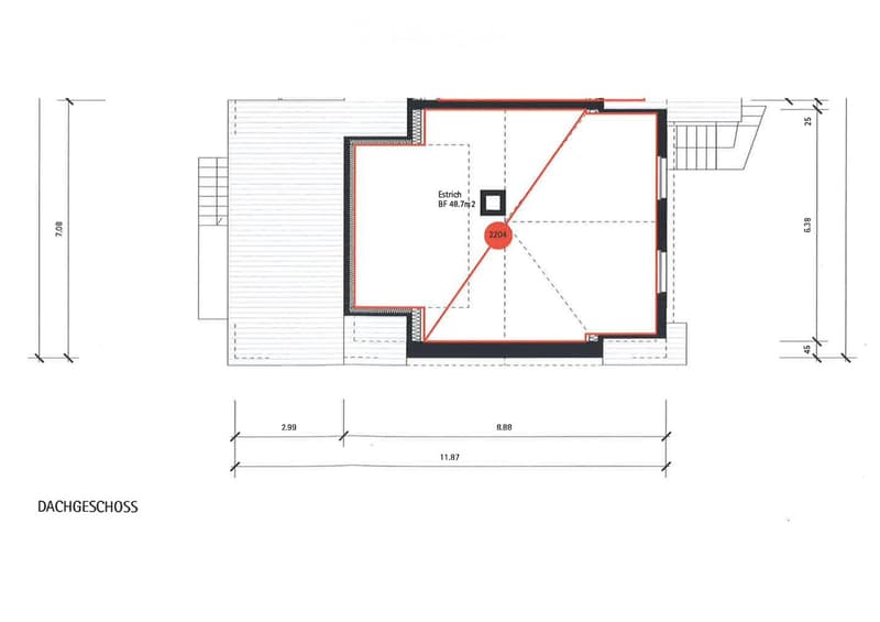 The image shows the floor plan of a building. It consists of a single room labeled 'Estrich' with an area of 48.7m2. There is a balcony or terrace indicated on the plan.