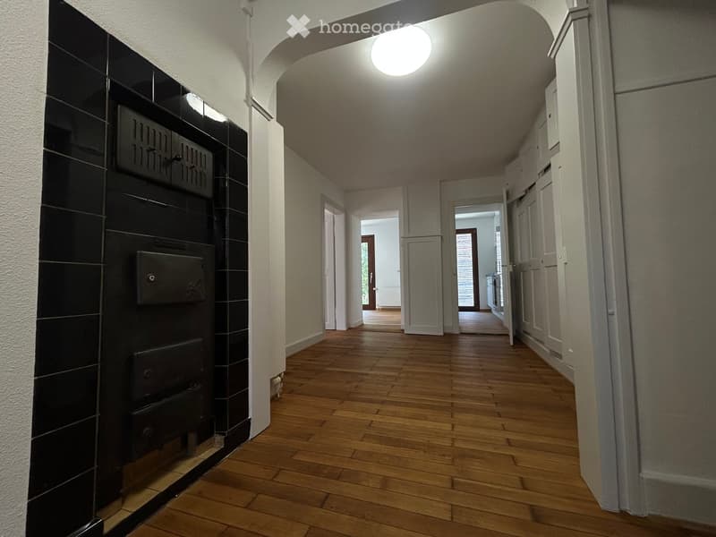A long, narrow hallway with wooden flooring, white walls, and several doors leading to other rooms. The hallway features a black tiled wall on one side and a round ceiling light.