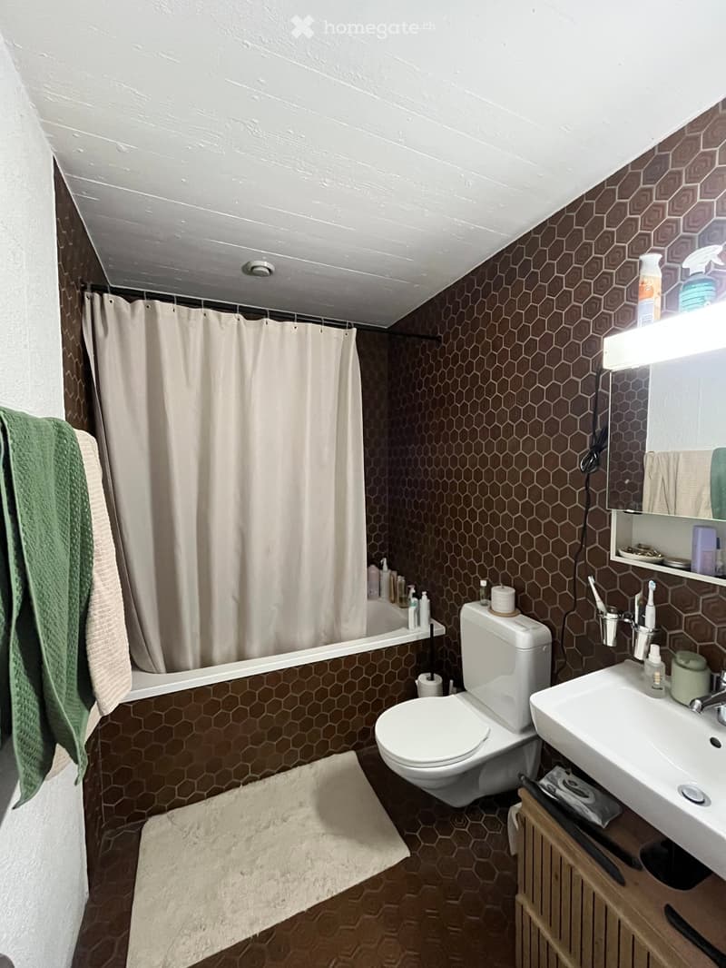 Bathroom with hexagonal brown tiles, white toilet, sink, bathtub, and shower curtain. Includes a green towel, toothbrush holder, and mirror.