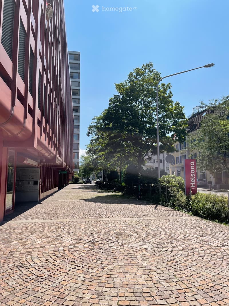 A paved pathway lined with trees and buildings, featuring a cobblestone surface and a streetlight on the right side.