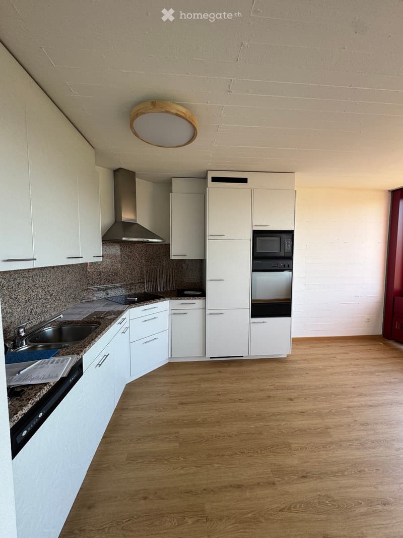 Modern kitchen with white cabinets, granite countertop, stainless steel appliances, and wooden flooring.