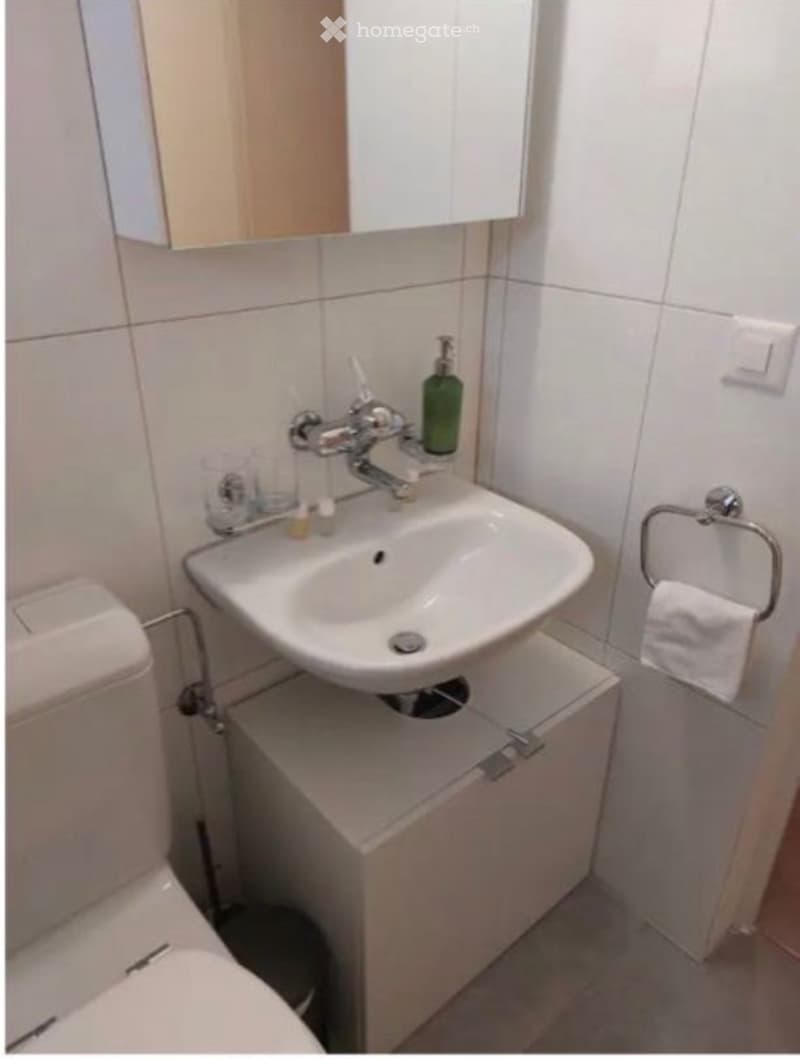Modern bathroom with a white sink, chrome faucet, toilet, and a towel hanging on a rack. A soap dispenser is placed on the sink.