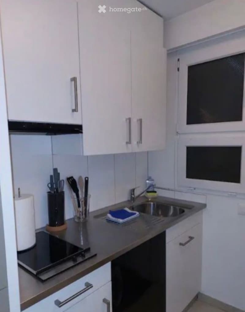 Modern kitchen with white cabinets, stainless steel sink, and countertop. Features include a built-in stove, knife holder, and dish rack.