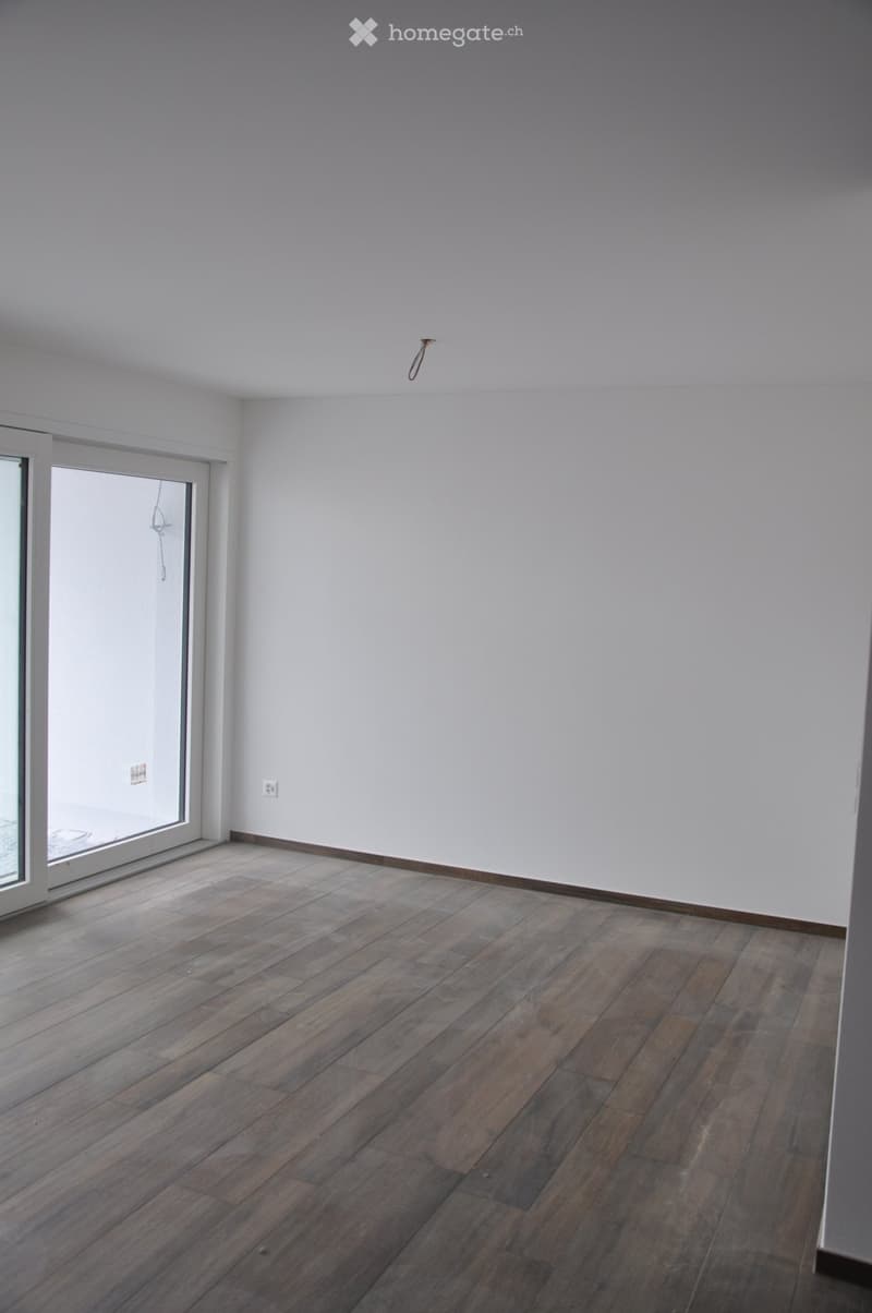 Empty room with wooden flooring, white walls, and a large sliding glass door leading to an outdoor area.