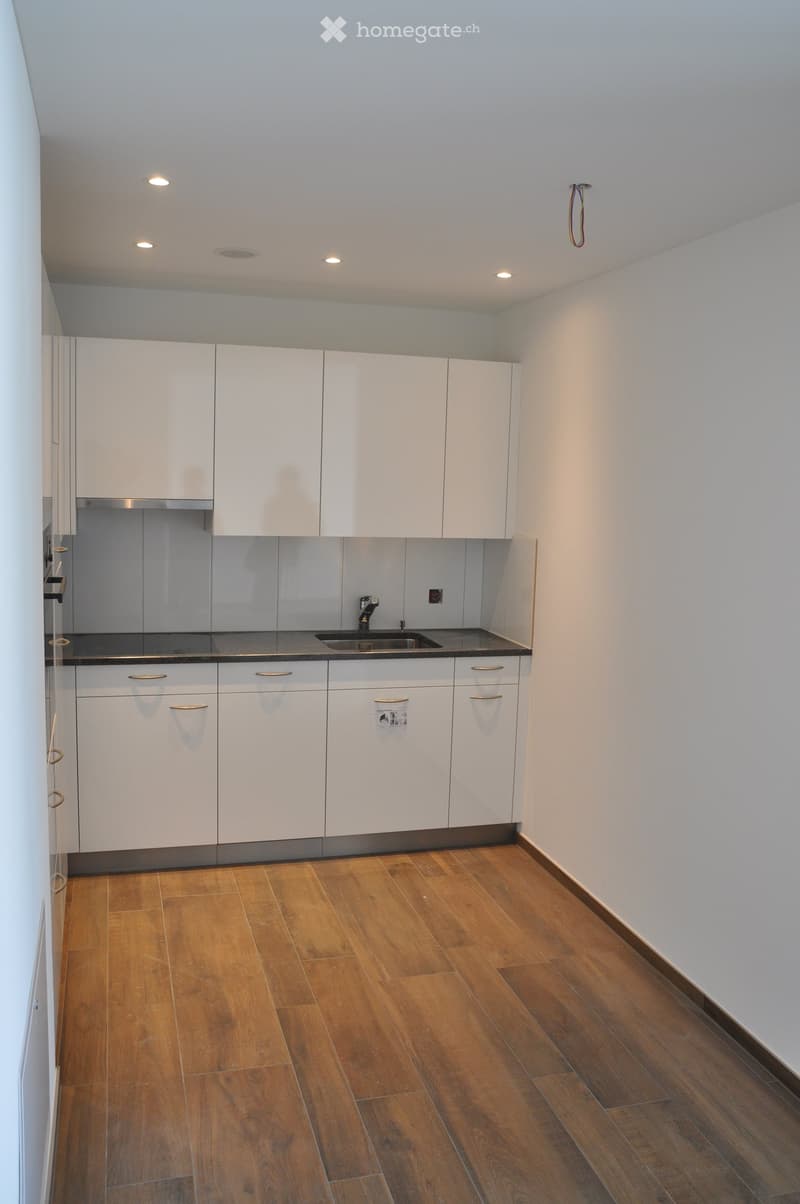 Modern kitchen with white cabinets, wooden flooring, and a stainless steel sink.