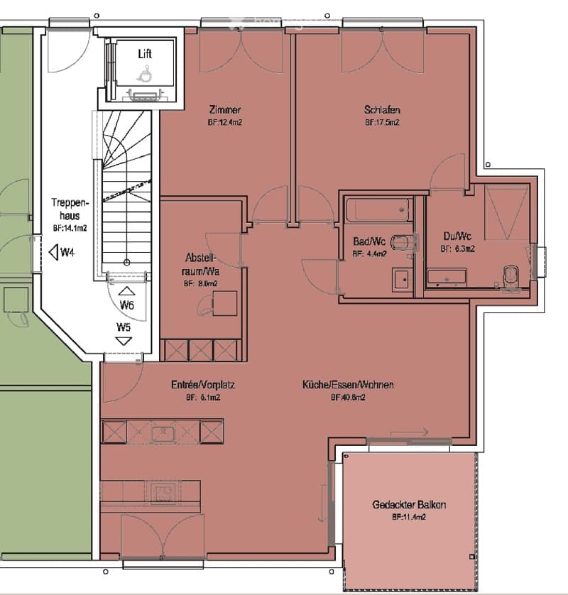 Floor plan of a residential unit featuring a kitchen/dining/living area, two bedrooms, two bathrooms, a hallway, a staircase, and a balcony.