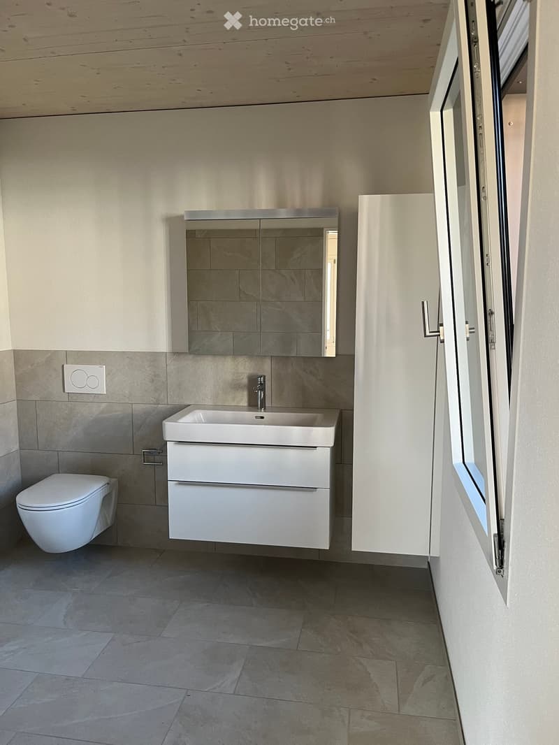 Modern bathroom with a white sink, toilet, mirrored cabinet, and a large window with a view.