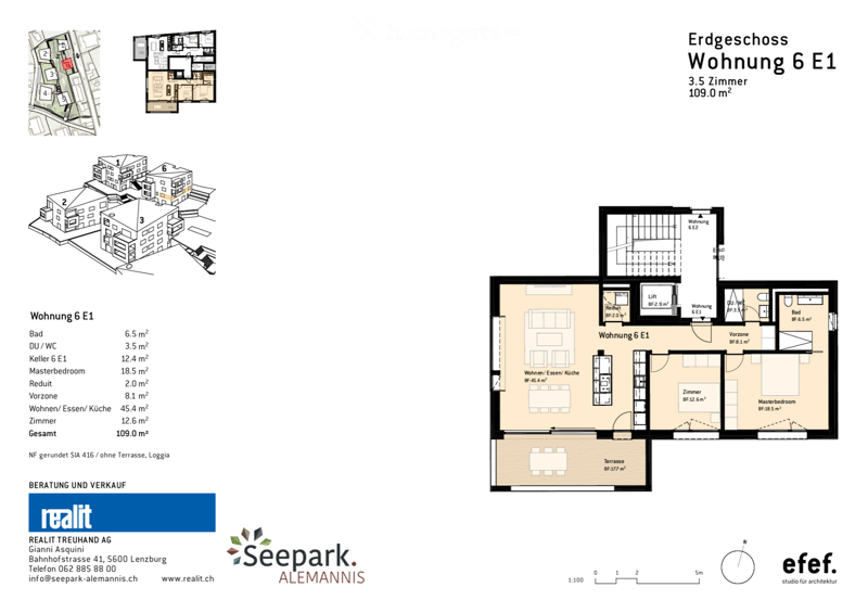 Floor plan of a 3.5-room apartment on the ground floor, including a master bedroom, living/dining/kitchen area, bathroom, and terrace.
