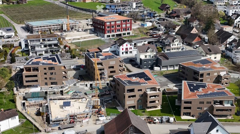 Aerial view of a residential area with multiple buildings, some under construction, surrounded by green fields and vineyards.