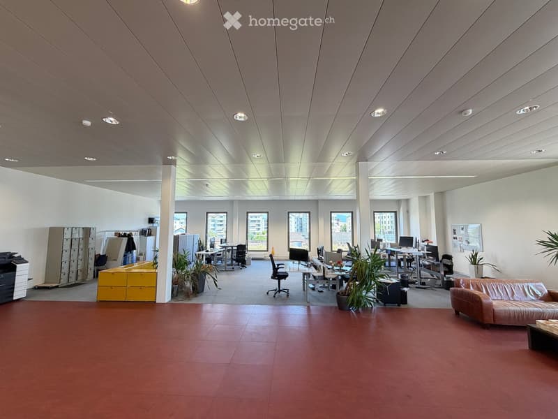 Open-plan office space with red tiled floor, white walls, and large windows. Features a leather sofa, desks with computers, chairs, a printer, cabinets, and potted plants.