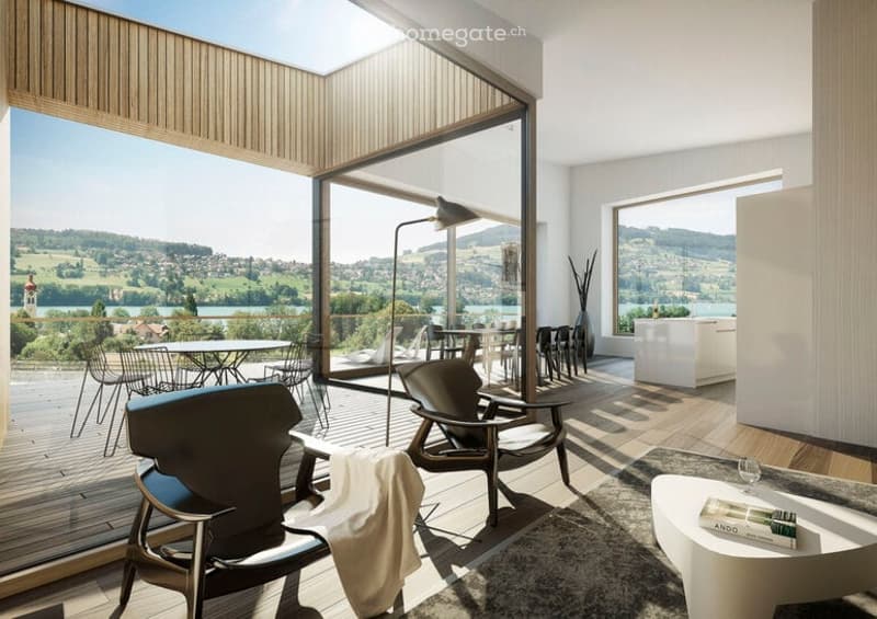 Modern living room with large windows offering a scenic view, featuring a sofa, coffee table, chairs, and a floor lamp.