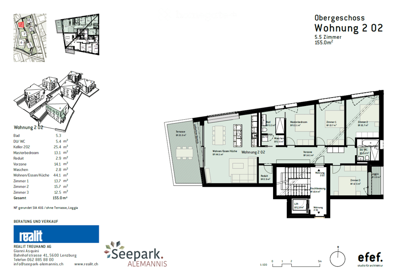 Floor plan of a 5.5-room apartment on the upper floor, including a master bedroom, three bedrooms, a bathroom, a kitchen, and a living area.