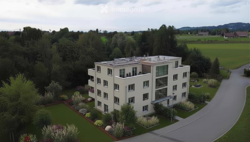 Modern multi-story building with white facade, large windows, and balconies, surrounded by landscaped gardens and trees.