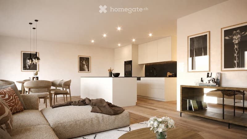 Modern open-plan living and dining area with a sofa, coffee table, dining table with chairs, kitchen island, and kitchen cabinets.