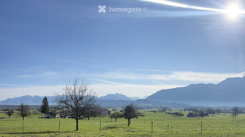A peaceful countryside landscape with green fields, scattered trees, and distant mountains under a clear blue sky.