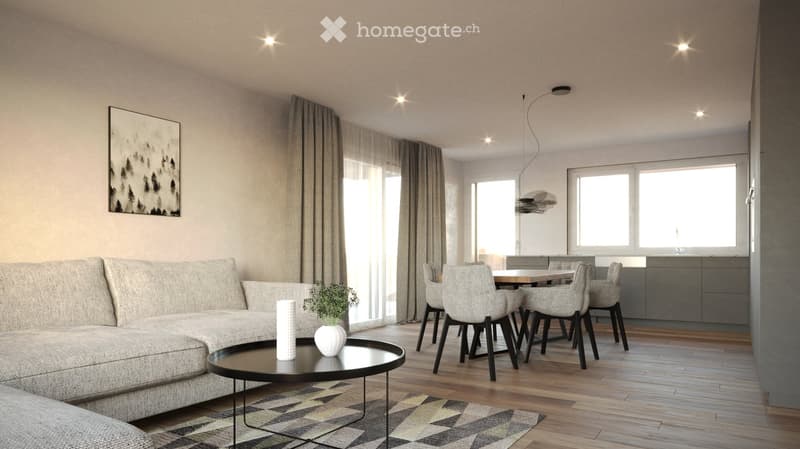Modern living room with a grey sectional sofa, black coffee table, dining area with chairs and table, large windows with curtains, and a potted plant on the coffee table.