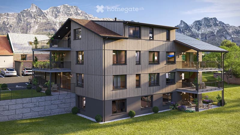 Modern two-story house with wooden facade, multiple balconies, large windows, and a scenic mountain view in the background.
