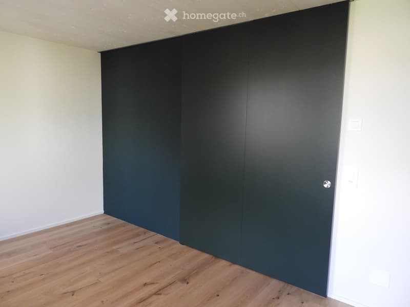 Empty room with light wooden flooring and white walls, featuring a large black sliding door.