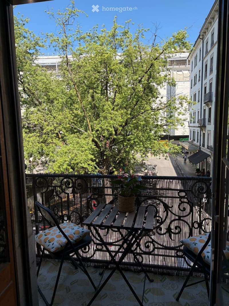 Balcony with a small table, two chairs, and a potted plant, overlooking a tree-lined street with buildings.