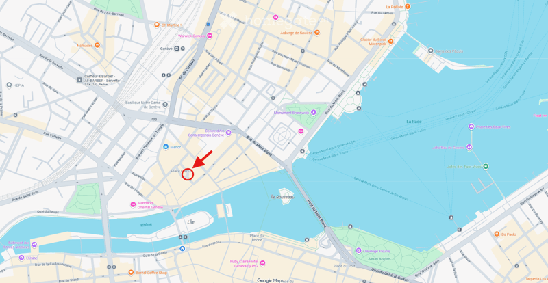 Map of Geneva, Switzerland, showing streets, landmarks, and points of interest including the Place des Nations.