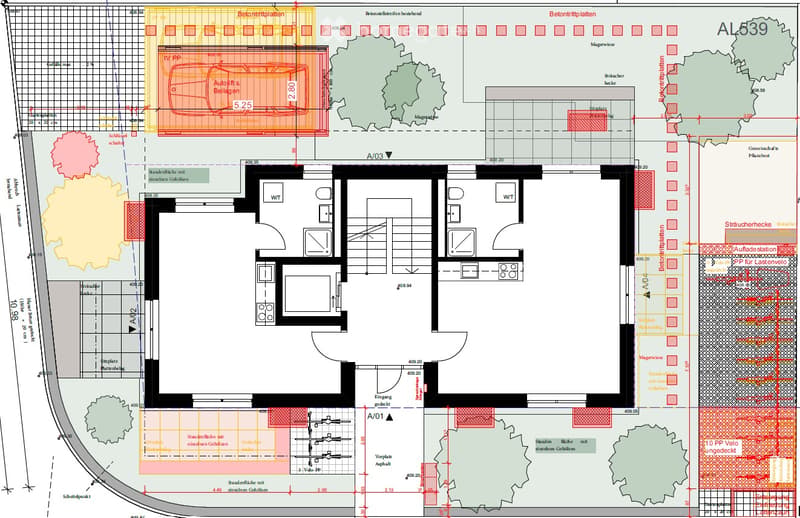 Floor plan of a building showing multiple rooms, including a living area, kitchen, bedrooms, bathrooms, and parking spaces.