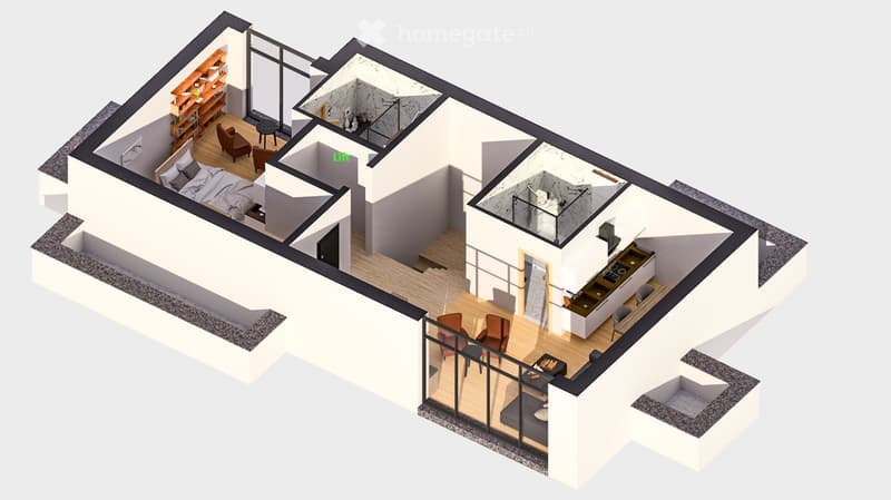 3D floor plan of a modern house with3 bedrooms, 2 bathrooms, living room, dining area, kitchen, and a balcony.