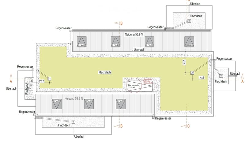 Roof plan showing multiple flat roofs (Flachdach) with drainage points and labeled sections (F14-41 to F14-47). Includes measurements and drainage details.