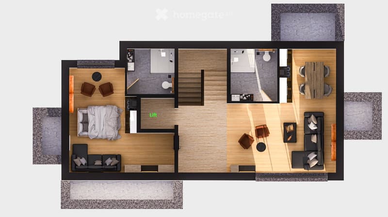 Floor plan of a modern apartment featuring a living room, bedroom, kitchen, and bathroom. Includes a lift, dining area, and multiple seating arrangements.