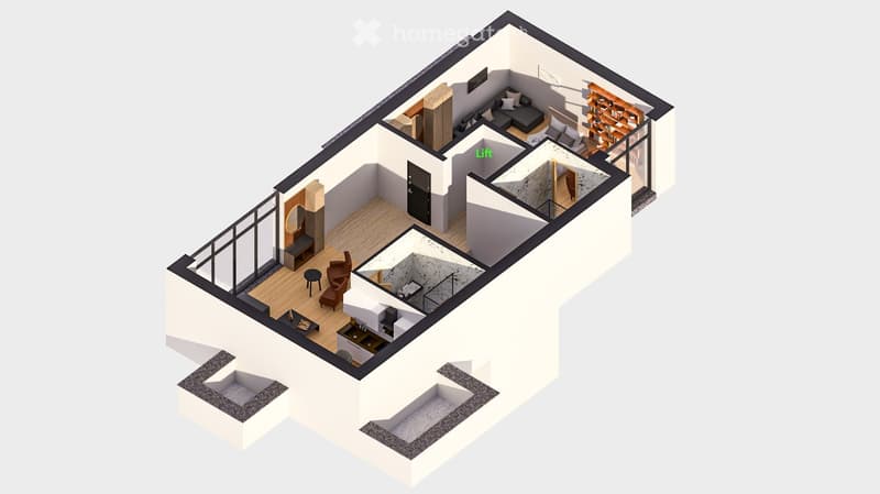 3D floor plan of a modern apartment with a living room, kitchen, bedroom, bathroom, and balcony.