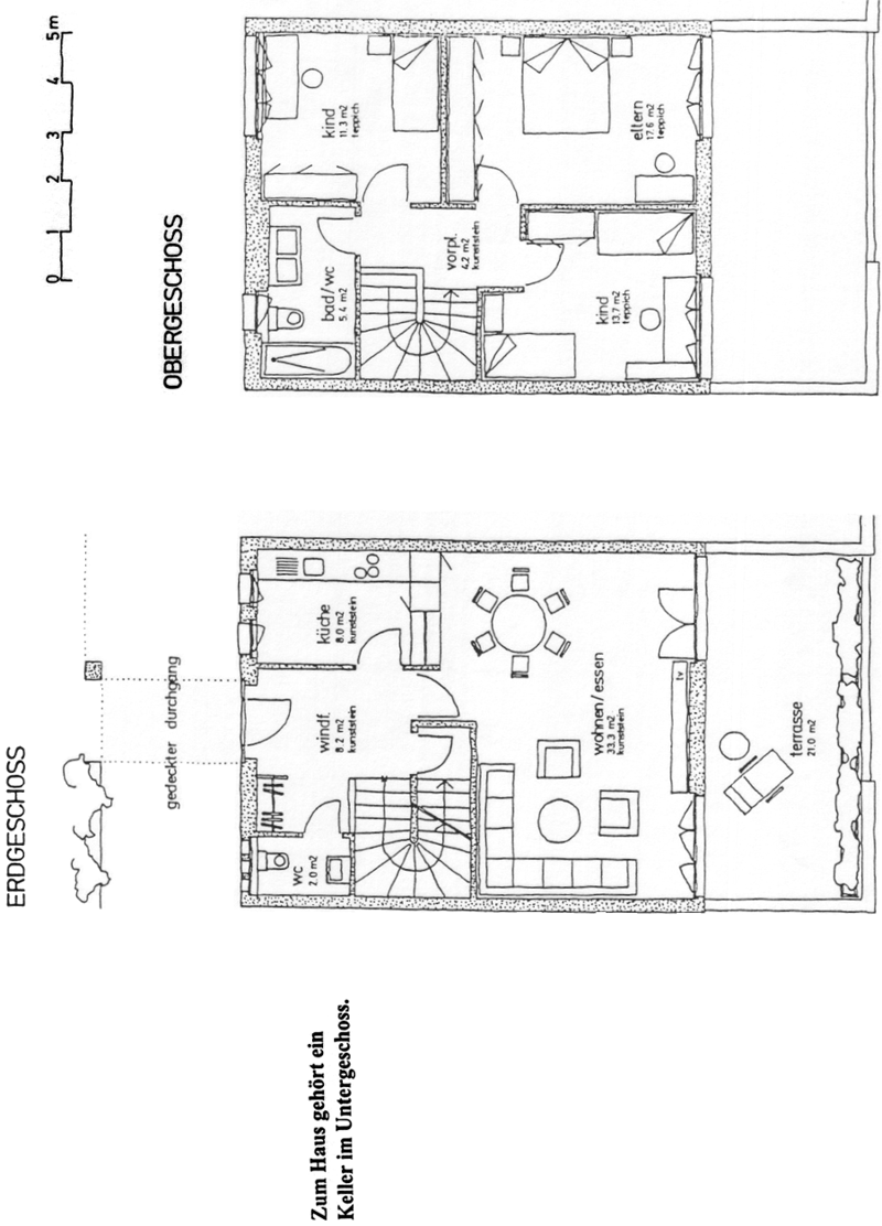 Floor plan of a two-story house with living room, dining area, kitchen, bedrooms, bathrooms, and a terrace.