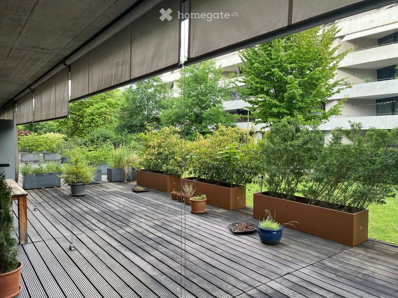 Wooden deck with multiple potted plants, including shrubs and trees, arranged in various containers. The deck is partially covered by a modern pergola with retractable shades. The background shows a green lawn and part of a contemporary building.