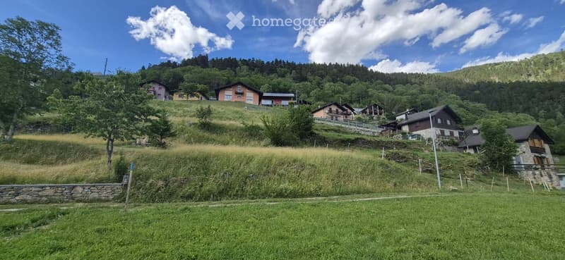 A cluster of houses on a hillside surrounded by green fields and trees, with a clear blue sky and scattered clouds in the background.