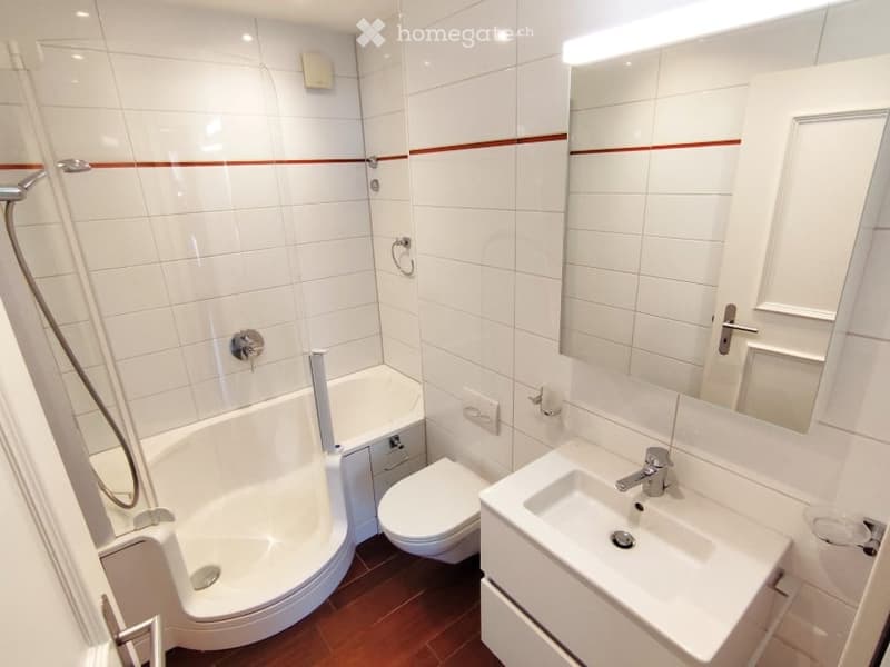 Bathroom with bathtub, toilet, sink, mirror, and shower
