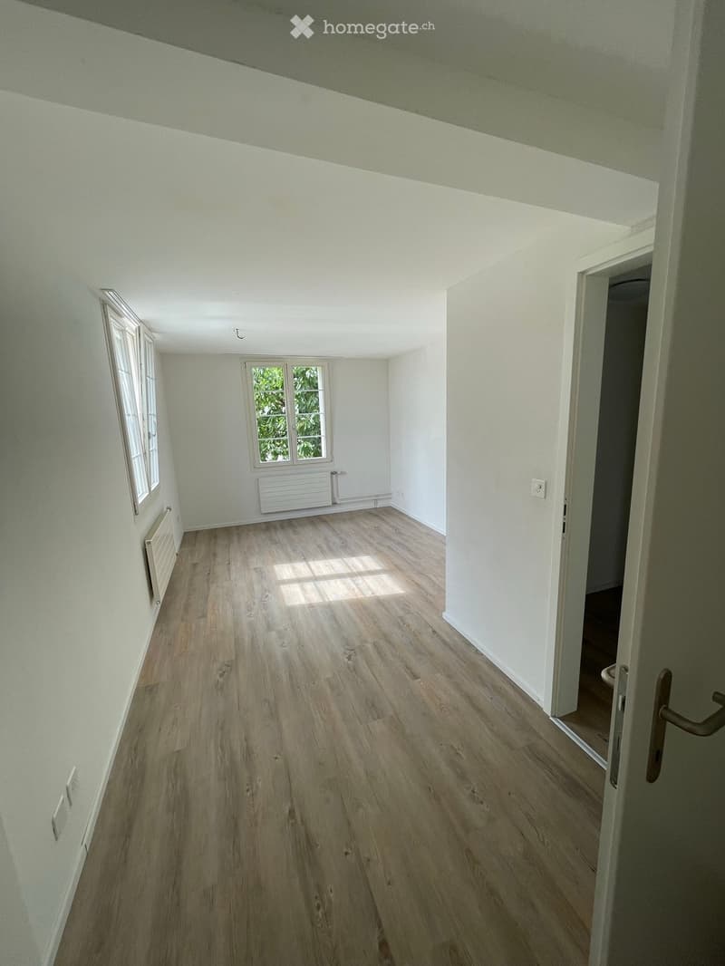 Empty room with light wooden flooring, white walls, and two windows. A door leads to another room.