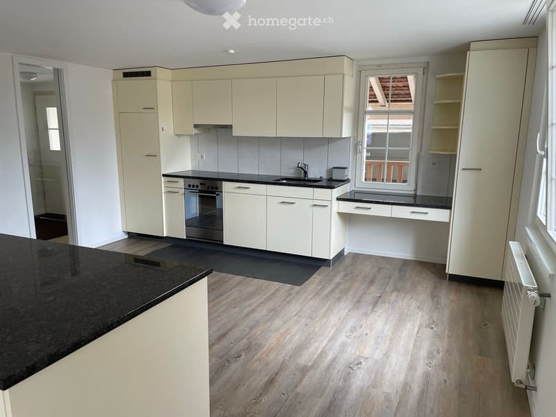 Modern kitchen with light-colored cabinets, black countertops, and a stainless steel oven. Wooden flooring and a window overlooking a roofed area.