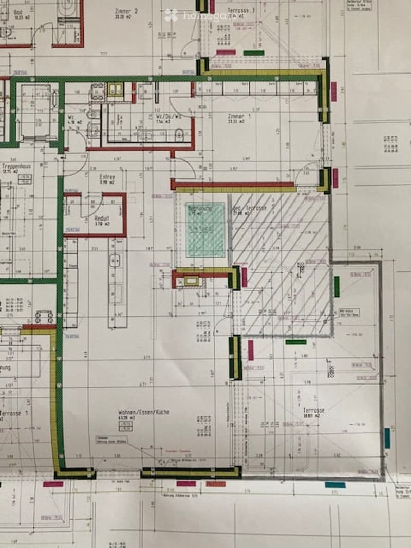 Floor plan of a multi-room residential space, including living room, dining room, kitchen, bedrooms, bathrooms, and terraces.