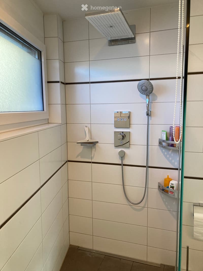 Modern shower area with white tiles, a large overhead showerhead, handheld shower hose, control panel, and a small shelf holding toiletries.