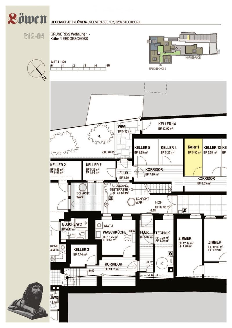 Floor plan of a basement level showing multiple rooms including a wash kitchen, technical room, corridor, and several storage areas.