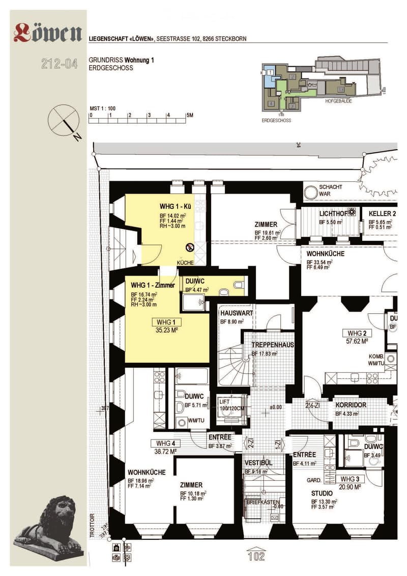 Ground floor floor plan of a residential building, showing multiple apartments, kitchen, living room, bedrooms, bathrooms, and common areas.
