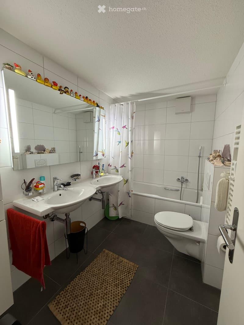 Modern bathroom with double sink, toilet, bathtub, and shower curtain. Features a large mirror with decorative items, a red towel, and a woven bathroom mat.