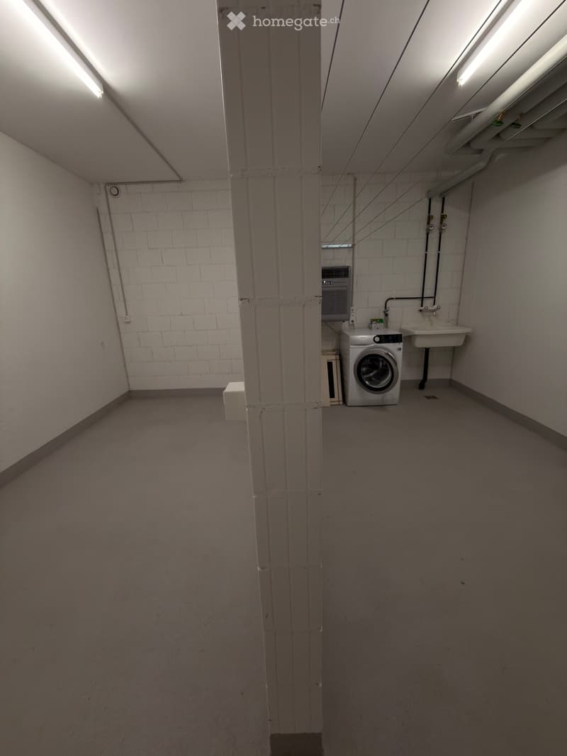 Small utility room with a washing machine, sink, and exposed brick wall.