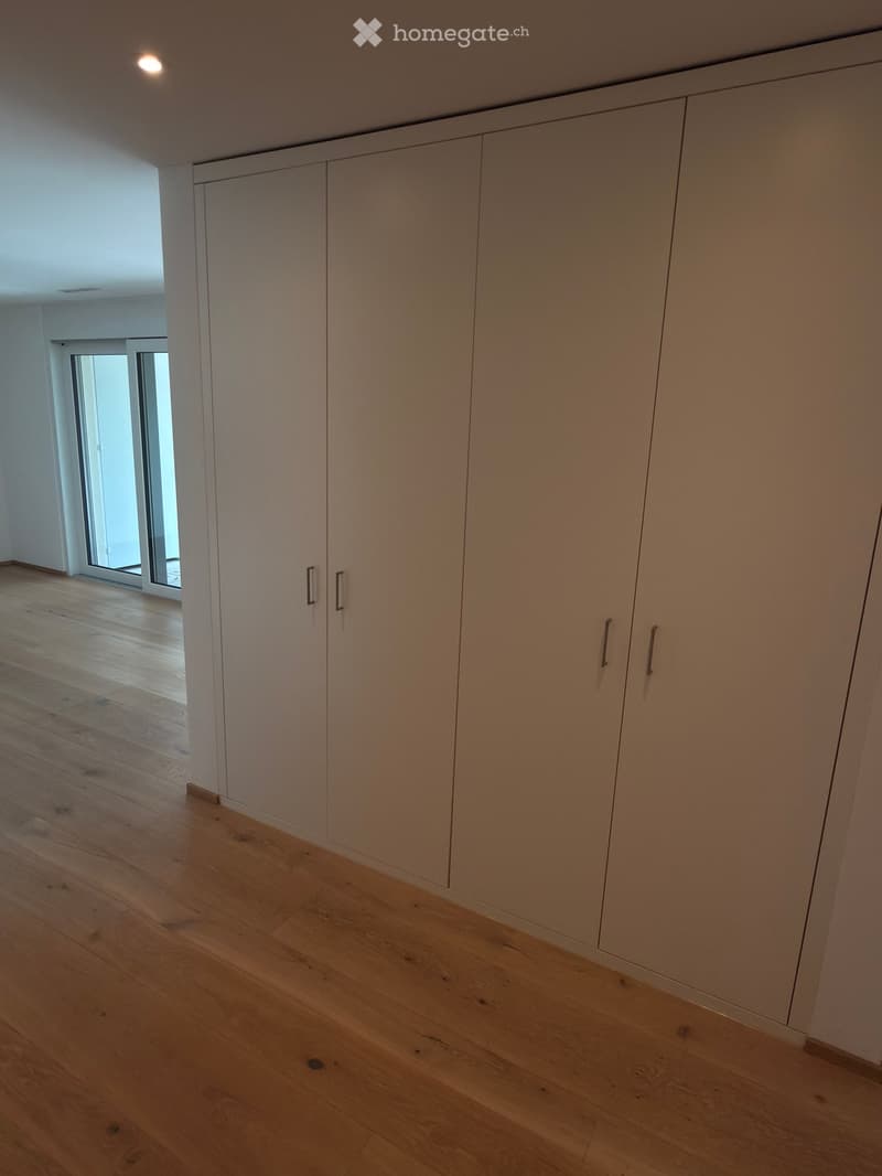 Empty room with light wooden flooring and built-in white wardrobes. The room has white walls and a large glass door leading to another space.