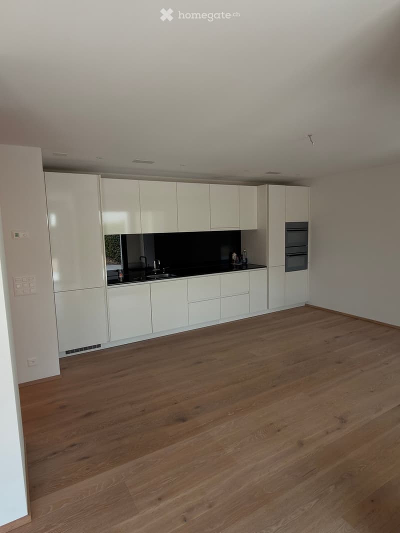 Empty kitchen with white cabinets, black countertop, and wooden flooring. No furniture or appliances are present.