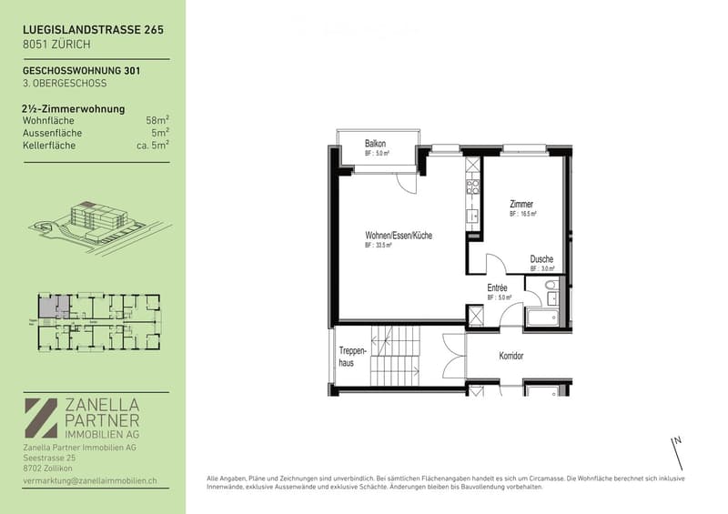 Floor plan of a 2.5-room apartment on the 3rd floor, including a living/dining/kitchen area, bedroom, bathroom, entrance, hallway, and balcony.