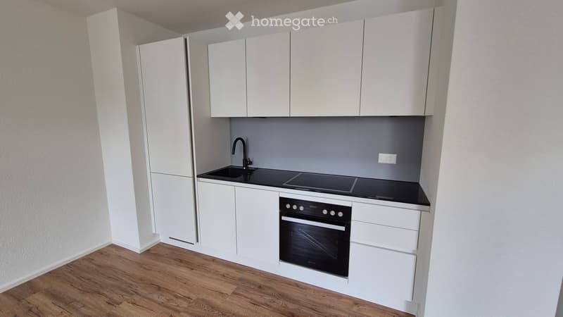 Modern kitchen with white cabinets, black countertop, sink, faucet, and built-in oven.