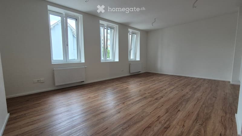 Empty room with wooden flooring, white walls, and multiple windows with white frames. Radiators are visible along the walls.