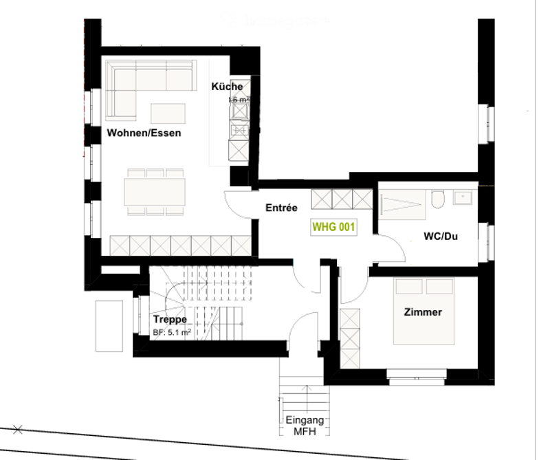 Floor plan of a multi-room apartment including a living/dining area, kitchen, entrance, bedroom, bathroom, and staircase leading to a lower floor.