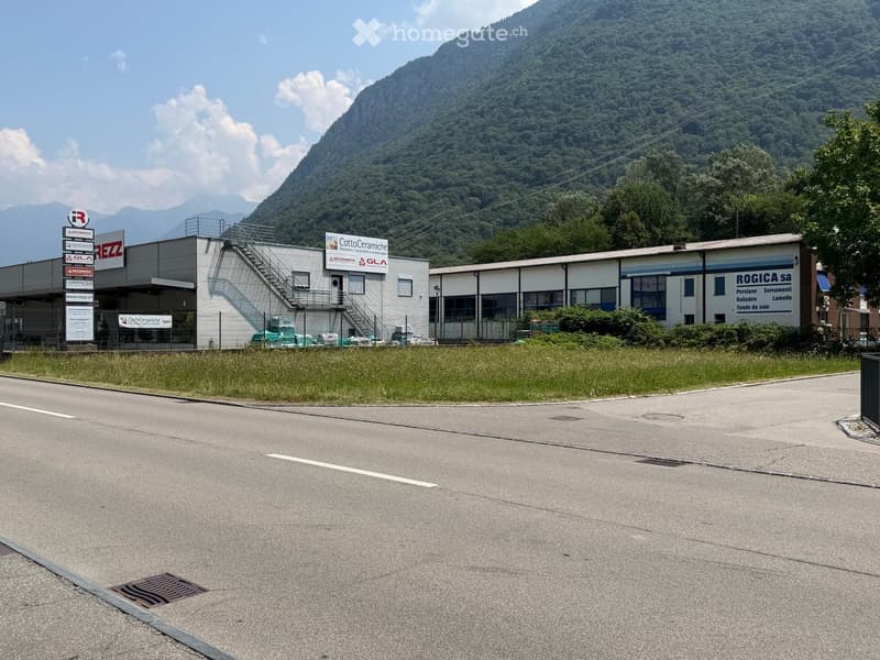 Industrial building complex with multiple company signs, surrounded by a grassy area and a road, with a mountain backdrop.