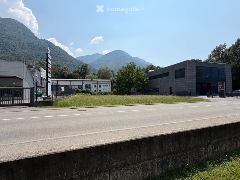 Modern industrial building with a grey facade, large windows, and a sign reading "ROGICA" on the side. The building is surrounded by a grassy area and trees, with a mountain range visible in the background.