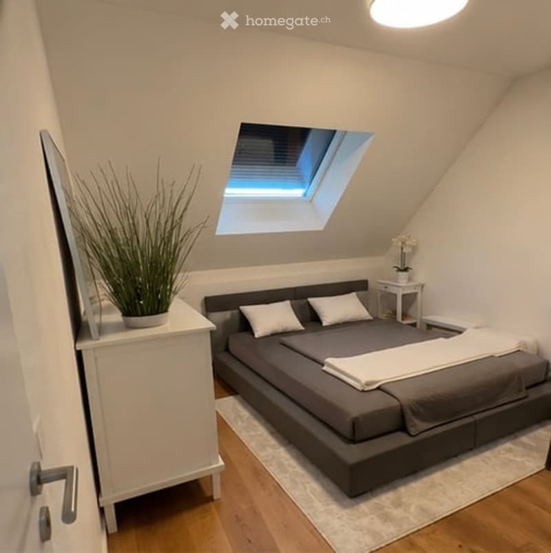 Cozy attic bedroom with wooden flooring, a large bed with grey bedding, white nightstand, potted plant, and a skylight window above the bed.